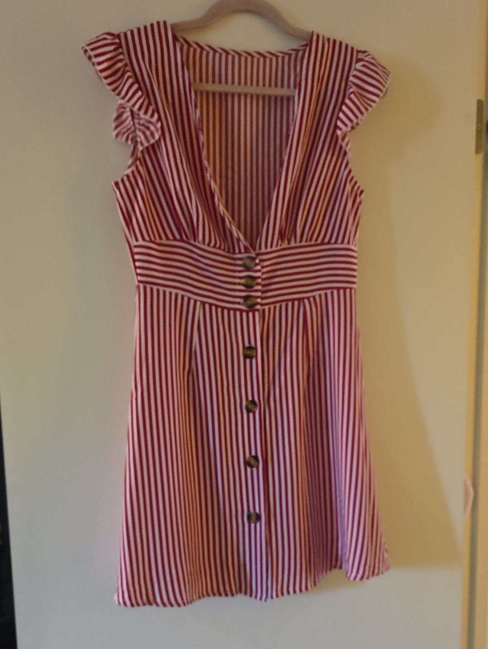 SHEIN Red and White Striped Button-Front Mini Dress